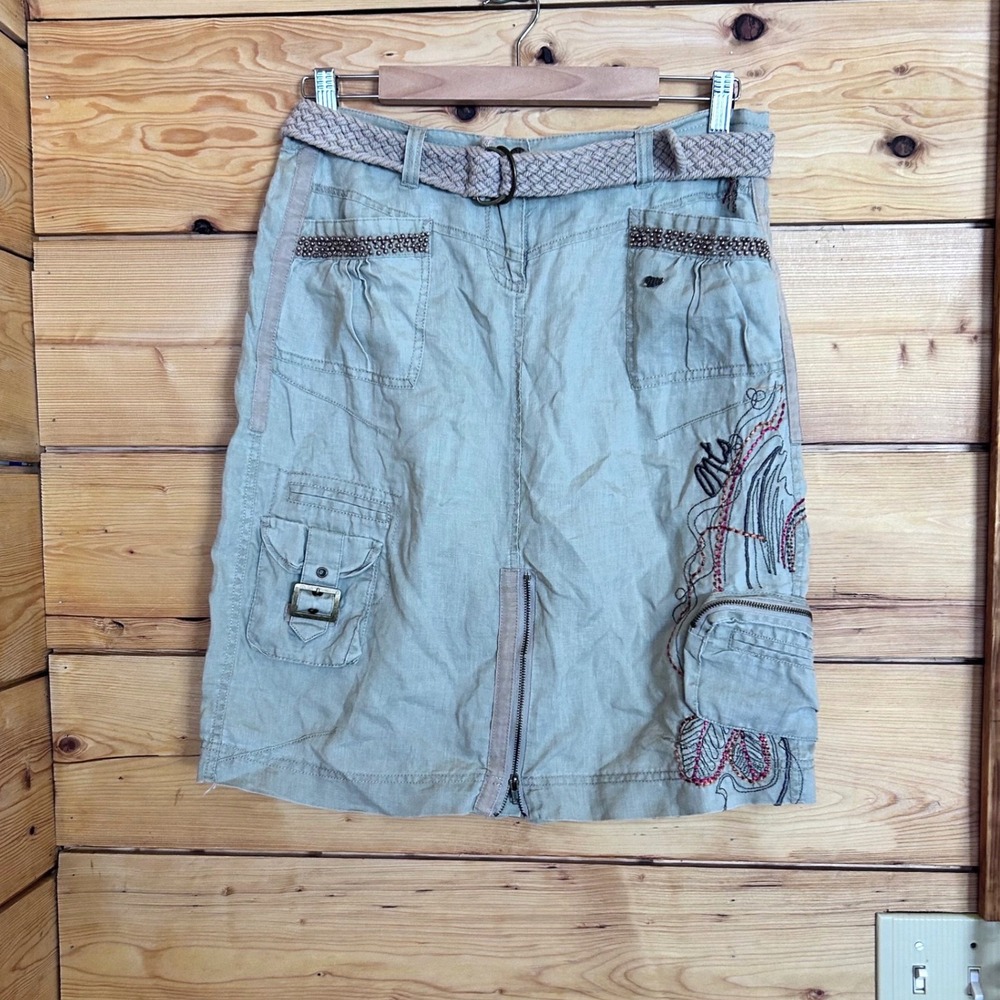 Vintage‎ Linen Cargo Midi Skirt Womens Large Khaki Green Embroidered Y2K N.T.S.